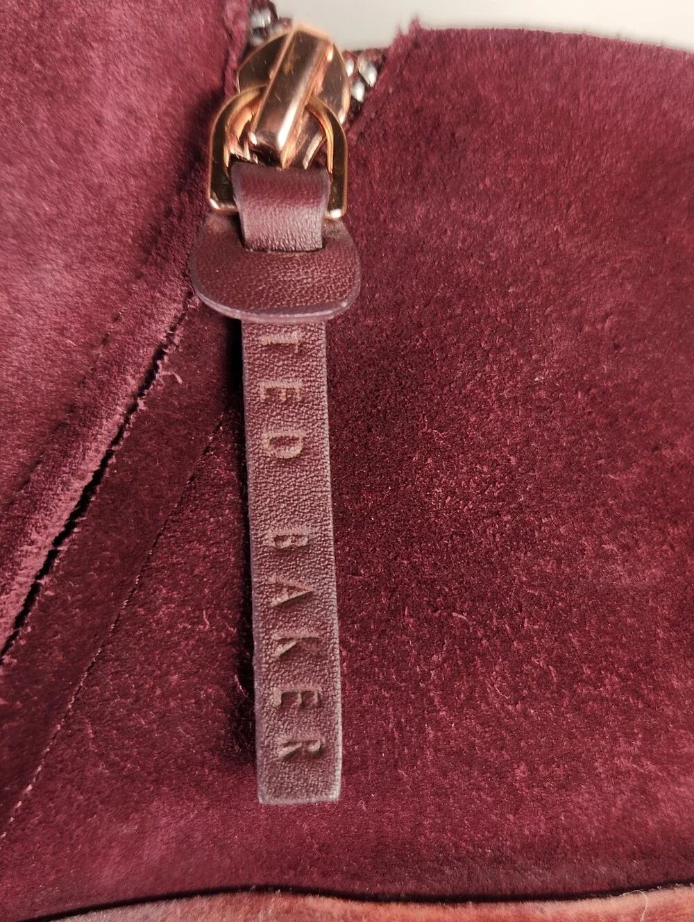 TED BAKER Womens Hiharu Ankle Boot 9 EU 40 Burgundy Wood Heel Back Zip Rose Gold